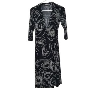 Bisou Bisou Black/Cream Paisley Print V Neck Wrap Midi Dress Size 4
